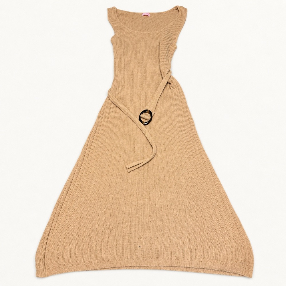 Pink Lily Womens M Beige Ribbed Knit Belted Dress Cotton Blend Ring Buckle